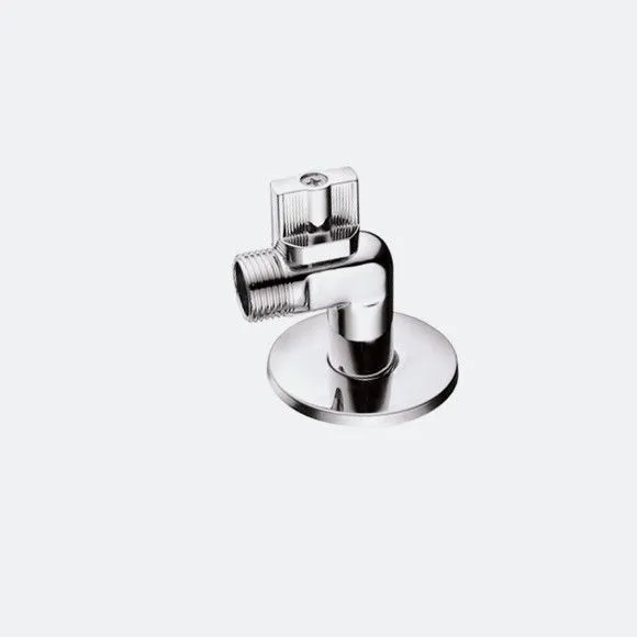 Close-up of a chrome-finished brass angle valve with a small handle, centered on a white background.