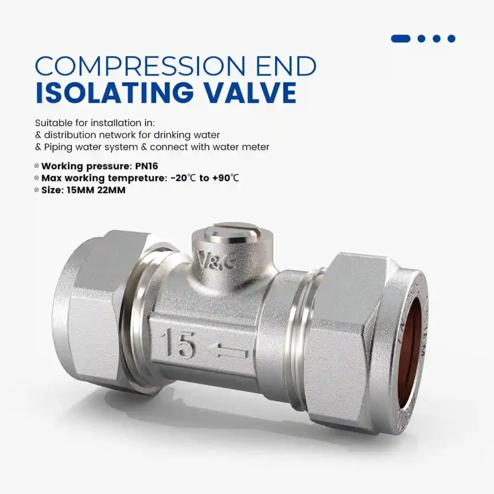 Silver metal compression end isolating valve with product information text overlay.