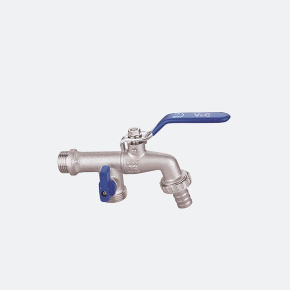 Brass bibcock with two outlets and blue lever handles, centered on a white background.