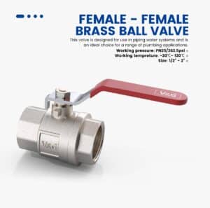 Angled view of a brass ball valve with female-female threading and a red lever handle, with product information text overlay.
