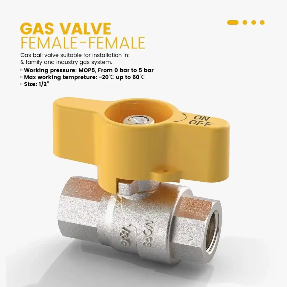 Silver metal gas ball valve with female-female threading and a yellow butterfly handle, with product information text overlay.