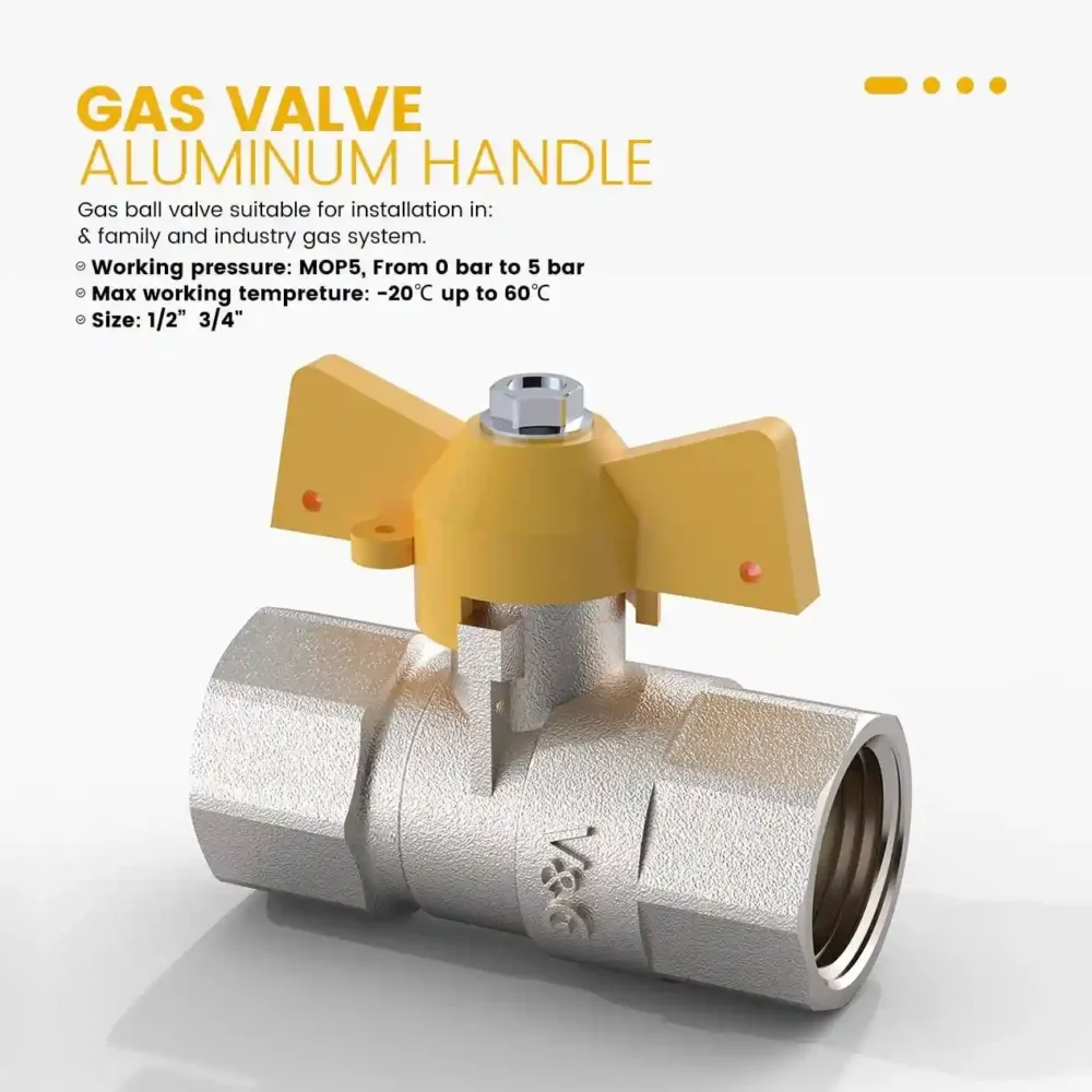 Silver metal gas ball valve with female-female threading and a yellow butterfly handle, with product information text overlay.