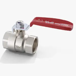 Female-Femlae brass ball valve with red handle.