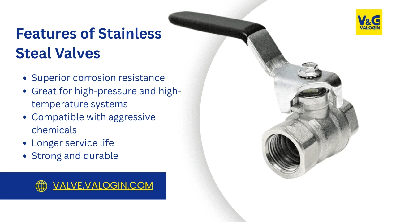 A stainless steel ball valve with some description on its features.
