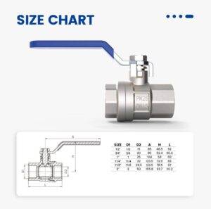 Size chart of a brass ball valve