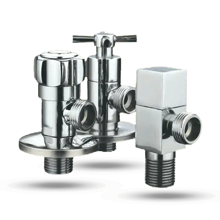 Three chrome angle stop shut-off valves of different designs, arranged on a white background with a drop shadow.