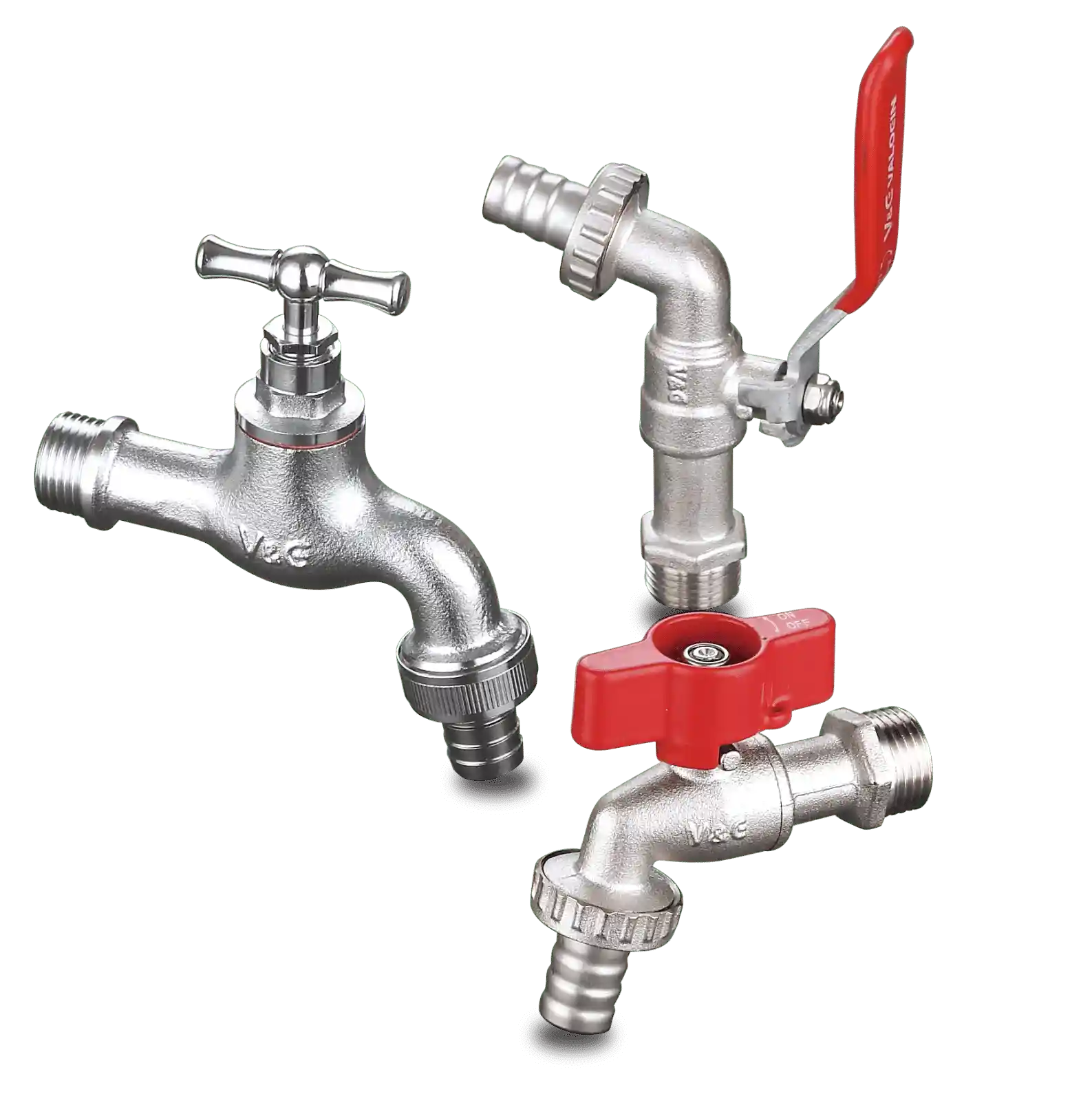 Three metal bibcocks/taps of different designs, including a cross handle and lever handles, arranged on a white background with a drop shadow.