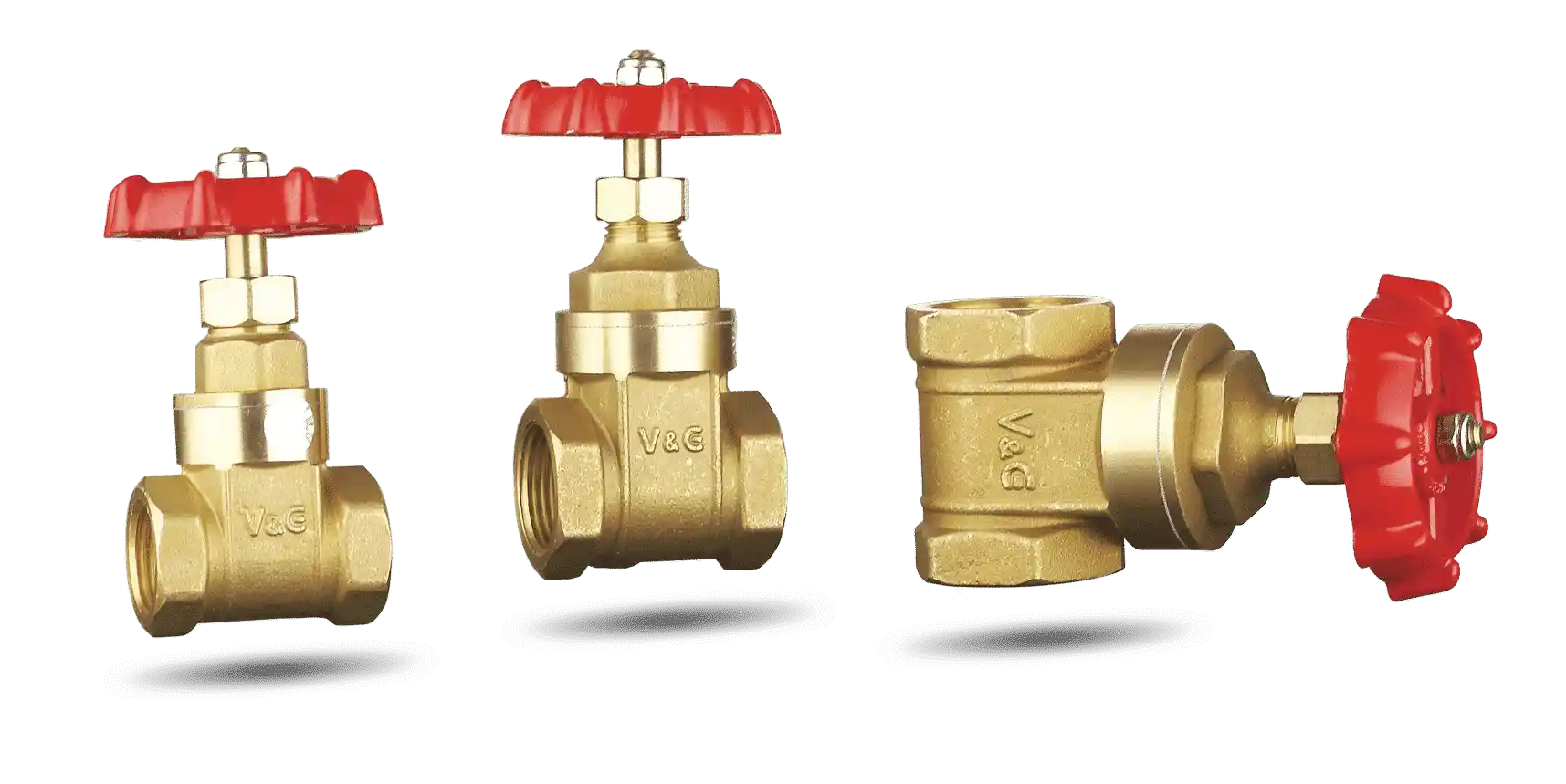 Three brass gate valves with red handles, arranged on a white background.